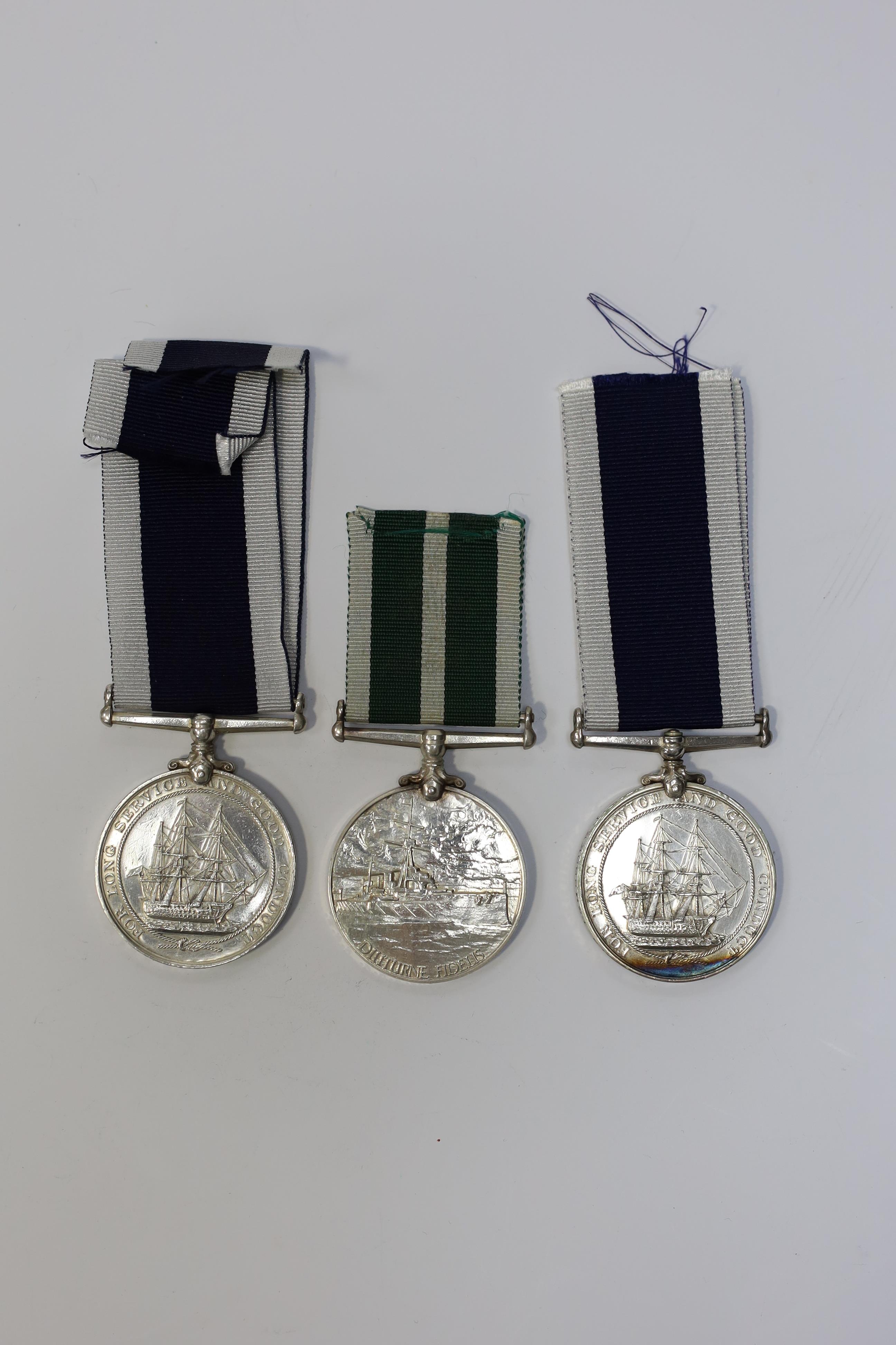 Three Naval LSGC medals; GV RNLSGC to 218949. S.H.Hasler.A.B. H.M.S.Pembroke.I.; GV RNLSGC to 351697 A.E.Day. S.B.P.O. H.M.S.Pembroke.; GVI RNRLSGC to 208. E.D. A.B.Jenkins.E.R.A. R.N.R. Condition - fair to good